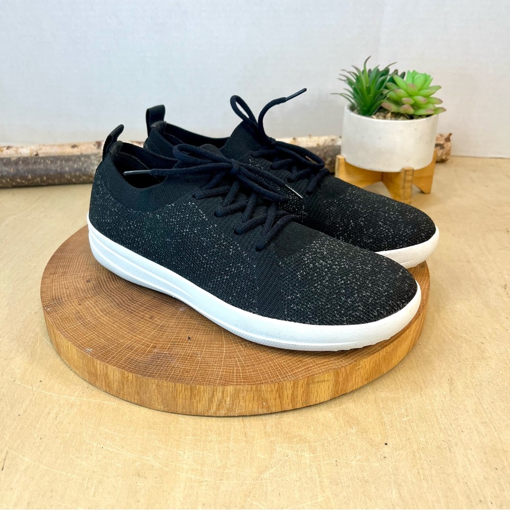 FitFlop Rally E01 Multi‑Knit Sneakers – Black Knit Lace‑Ups Size 8.5